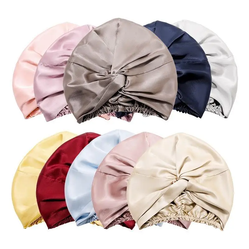 Satin-Seiden-Schlafhaubenkappen für Frauen, seidige Kopfbedeckung, doppellagig, geknotete Stirnbandkappen, Chemo-Krebs-Pflege-Kopfbedeckung – Detail 11