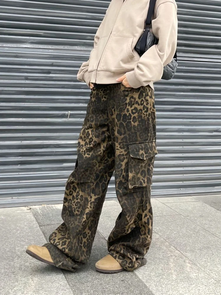 

HOUZHOU Tan Leopard Cargo Pants Women Pants Female Oversize Wide Leg Trousers Streetwear Hip Hop Vintage Clothes Loose Casual