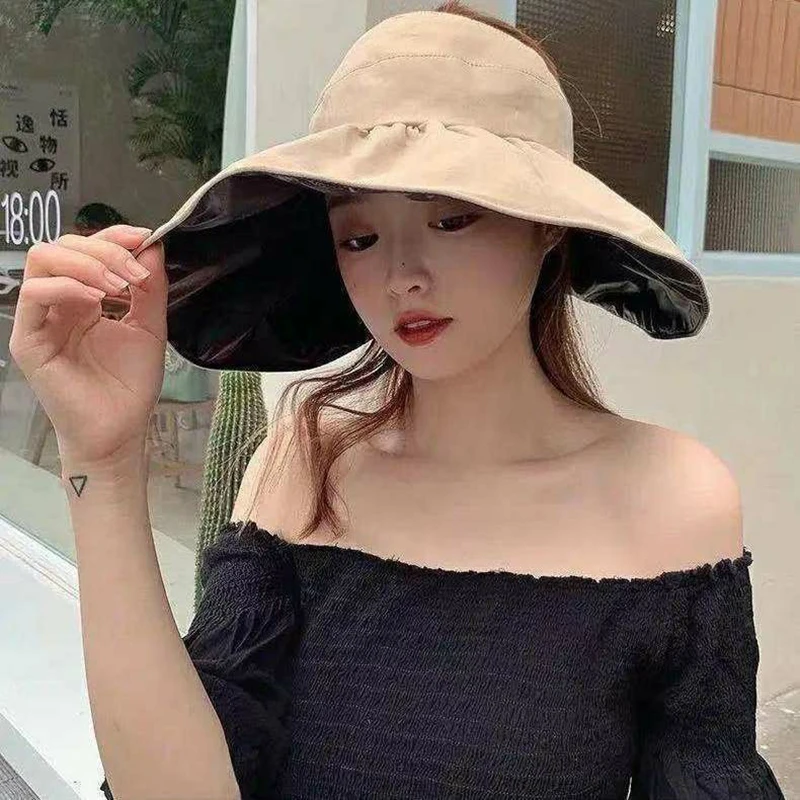 Sunscreen Bucket Hat Female Sun Protection Outdoor Beach Cap Summer Empty Top Wide Brim Sun Hat For Women Anti UV