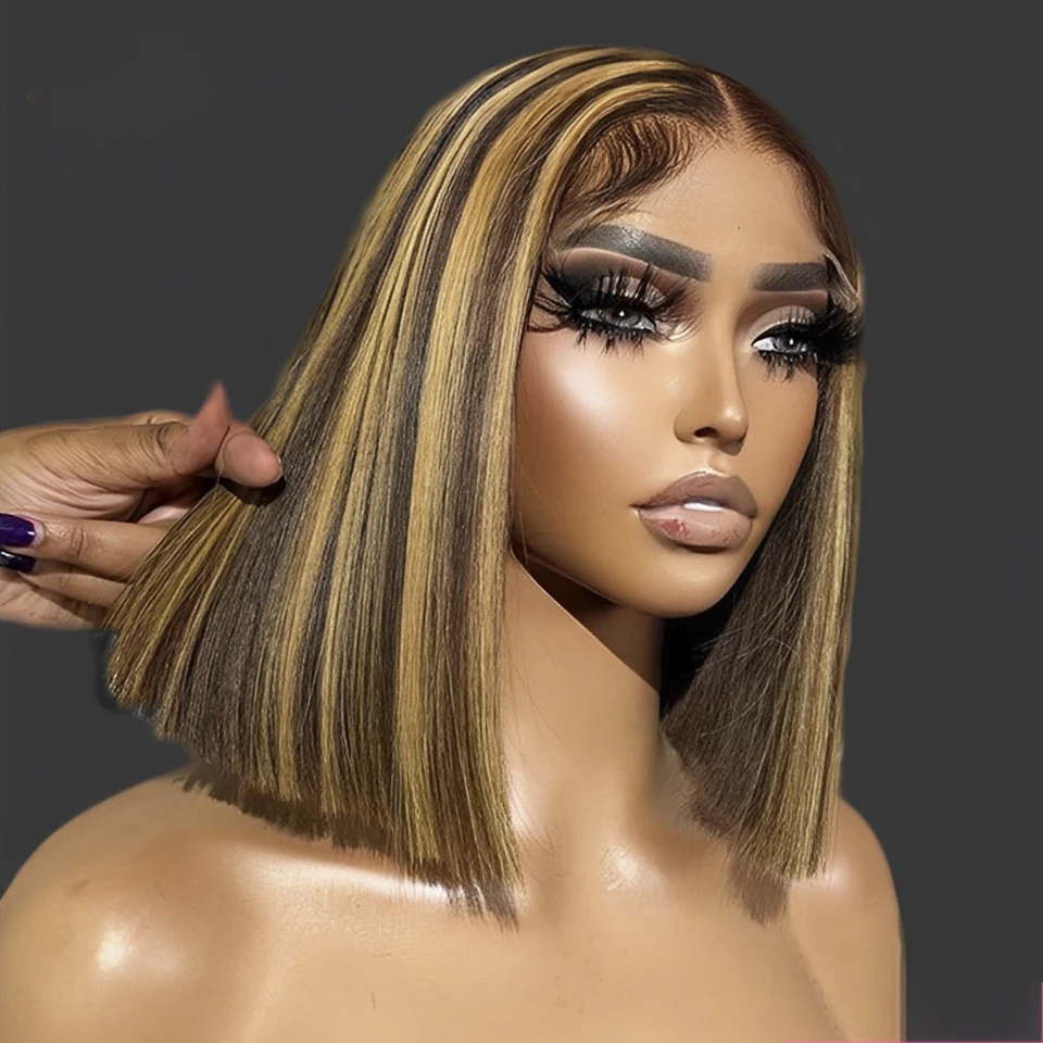 

Bob Soft 26”Long Highlight Ombre Blonde Straight Jewish European HumanHair Full Lace Wig For Women 23A Grade BabyHair PrePlucked