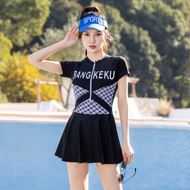 

2023 Women's Fashion Skirt style One-piece Swimsuit Sports Conservative Belly Coverup Thin Student Solid Asian Size Zipper Suit