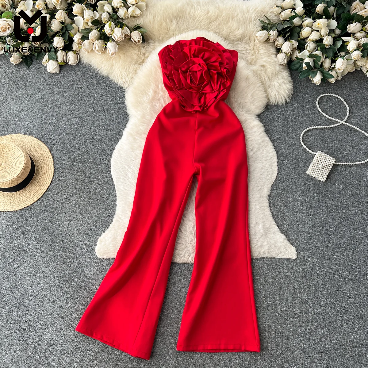 

LUXE&ENVY Trendy Contrast Color Patchwork 3D Floral Strapless Jumpsuit Women's High Waist Slim Flare Playsuit 2023 Autumn