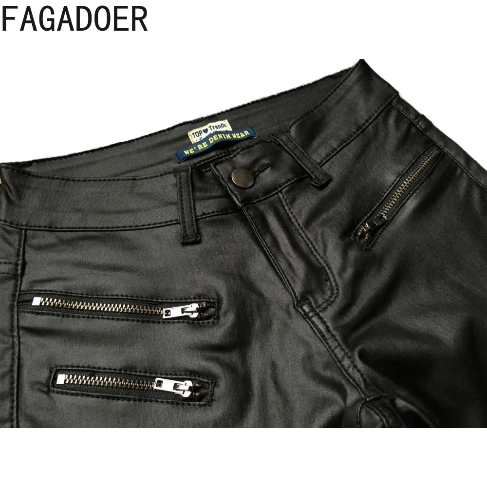FAGADOER Black Sexy PU Leather Skinny Pants Women High Waisted Button Trousers Fashion Female Zip Patchwork Pencil Pants Bottoms