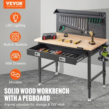 VEVOR 2000lbs Hardwood Workbench Heavy Duty Oak Plank Work Table Carbon Steel with 3m Cable 30 Hooks for Garage Office Workshop 2
