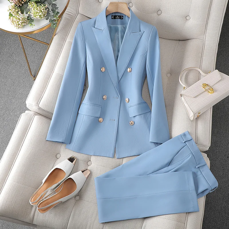 

Элегантные Синие Формальные брючные костюмы для женщин, женский офисный Профессиональный Блейзер, комплект одежды с брюками и курткой, пальто и брюки, комплекты