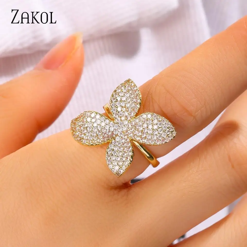 ZAKOL Creative Personalized Petal Design For Women's Zircon Ring Copper Micro-set Fashion Temperament Jewelry Accessories Female 2