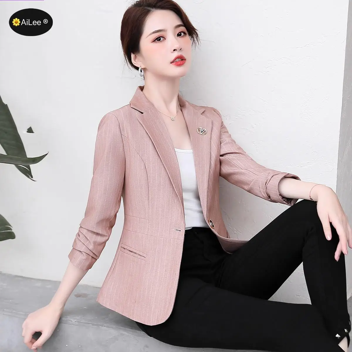 Elegant Black Single Breasted Women Blazer Fashion Vintage Striped Loose Work Wear Tops Outerwear Female Slim Business Jacket