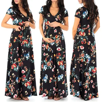 Floral Printed Maternity Full Maxi Long Dress Pregnant Women's Belt Breastfeeding Short Sleeve Summer Nursing Dress