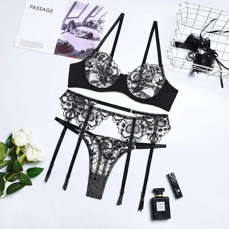 sheer bra and panty sets Embroidery Lace Bra Set Thin Transparent Bralette with Garters Hollow Out Mesh Lingerie Women's Underwear bra and underwear set Bra & Brief Sets