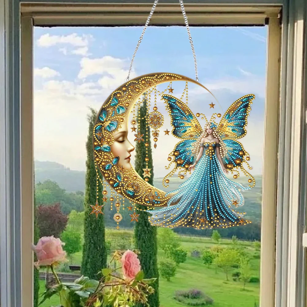 Moonlight Goddess 2D/Flat DIY Special Shape Rhinestone Diamond Art Window Pendants Diamond Painting Set Hanging Diamond Art Kits