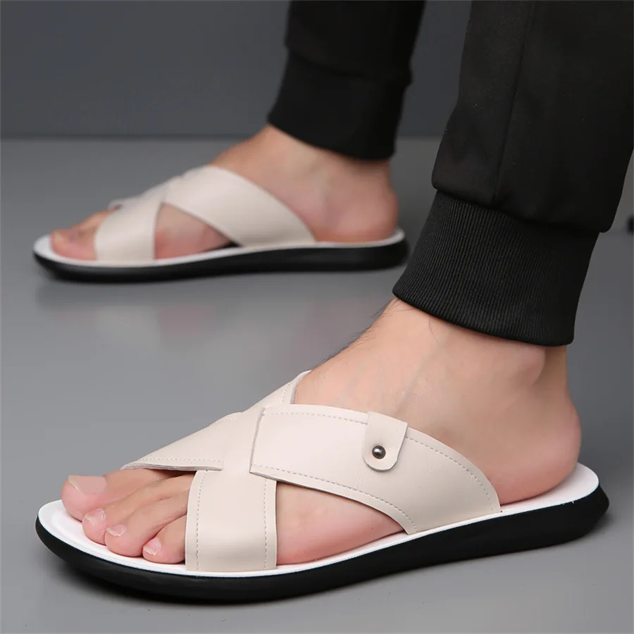 Summer Men Slippers Leather Slippers Casual Flat Men Non Slip Beach Slide Flip Flops Size48