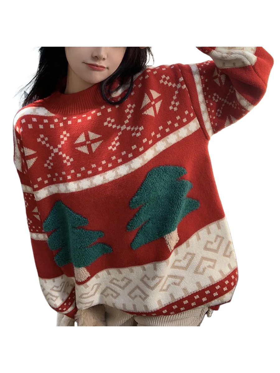 thumbnail image 1 of Suéteres holgados y cómodos para mujer, suéteres casuales con lindo estampado de árbol de Navidad, suéter cálido de manga larga, prendas de punto para otoño e invierno, ropa de calle, 1 of 5