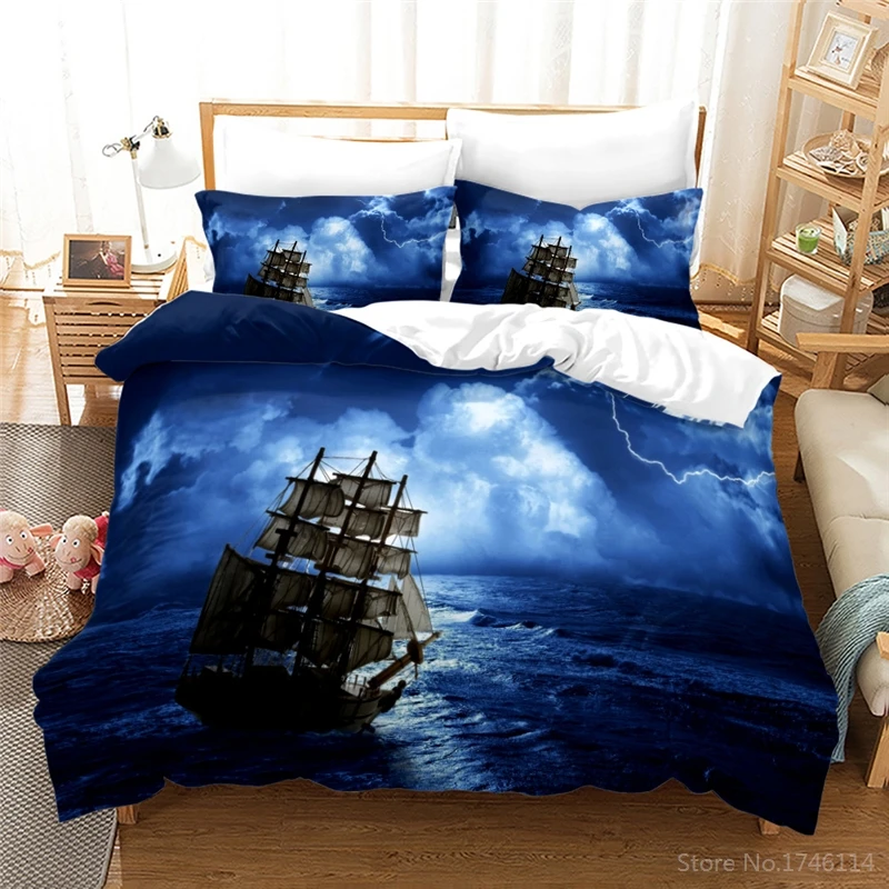 

Nautical Sailboat Lightning In Night 3D Bedding Set Pirate Ship Duvet Cover Set Quilt Cover Pillowcase Home Textile Bedclothes