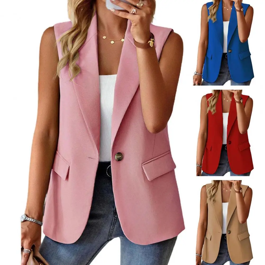 

Women Spring Summer Suit Waistcoat Lapel Sleeveless Flap Pockets Suit Coat Solid Color Single Button Placket Vest Coat