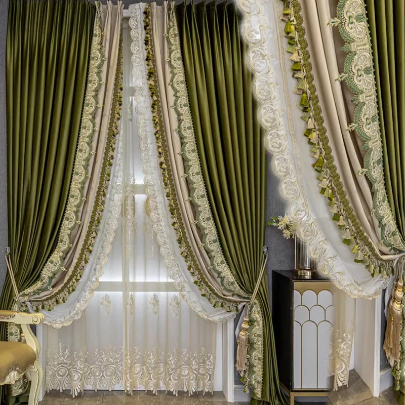 Luxurious French olive green velvet curtains bedroom living room French window custom window screen house decor
