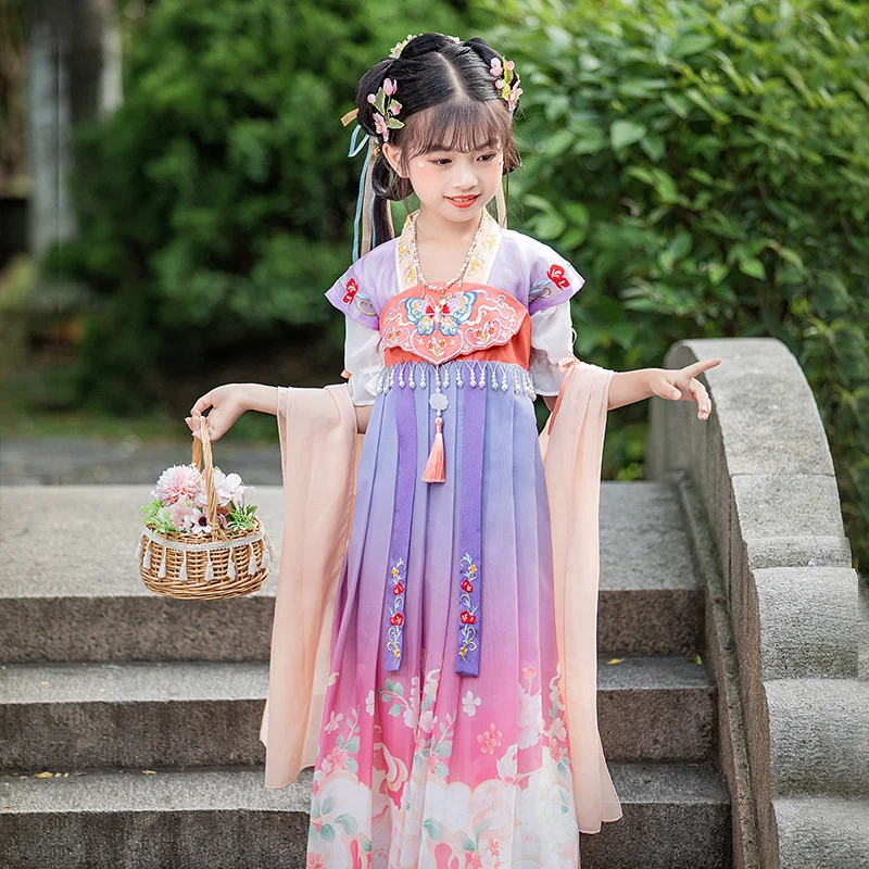 

Новинка 2022, древнее платье Hanfu для девочек, супер юбка Xianru, летний китайский стиль, древний стиль, Фиолетовый Кулон-бабочка с коротким рукавом