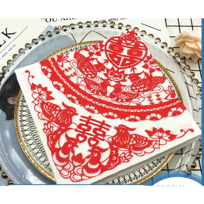 Colourful Printed Napkins Chinese Paper Cutting Joyful Printed Paper Placemats Wedding Festival Square Facial Tissues 20pcs/pac