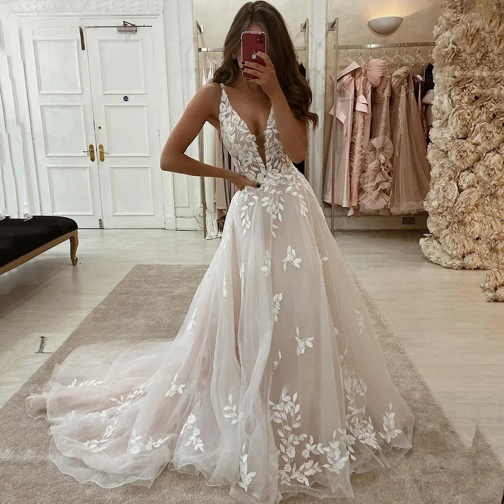 

vestidos de novia Customize To Measures Blush Pink Lace Elegant Wedding Dresses Low-Cut V-Neck Appliques A-Line Bride Gowns Pri