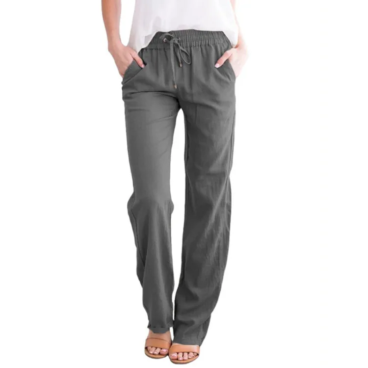 Summer Women's Solid Color High Waist Lace-up Wide Leg Straight Leg Women's Trousers Cotton Hemp Loose Casual Pants