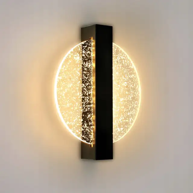 Lampada da parete moderna a LED con foglia argentata, rotonda nera, acrilica, luce calda 3500K, per soggiorno camera da letto 1
