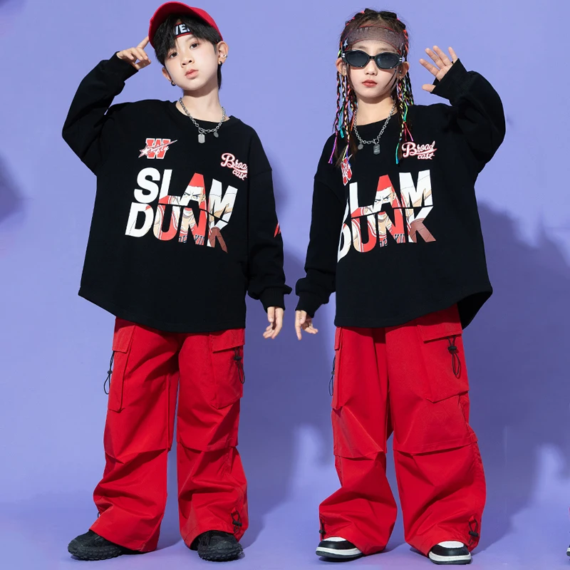 

2023 Jazz Modern Dance Costumes For Kids Black Sweatshirt Red Cargo Pants Suit Girls Boys Hip Hop Dance Rave Clothes DQS14187