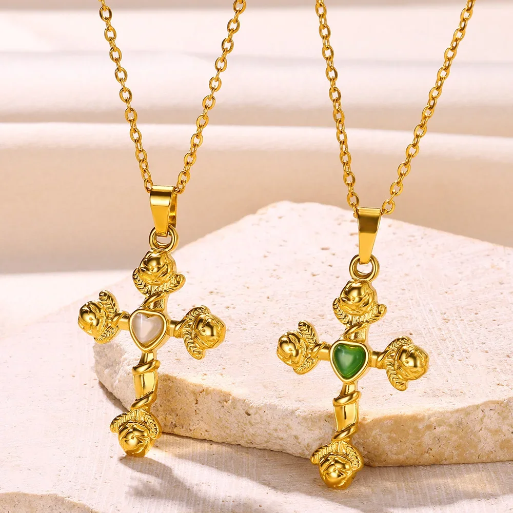 VIntage Christian Jesus Cross Necklaces Pendant For Women Stainless Steel Round Shape Coin Necklaces Choker Prayer Baptism Gifts