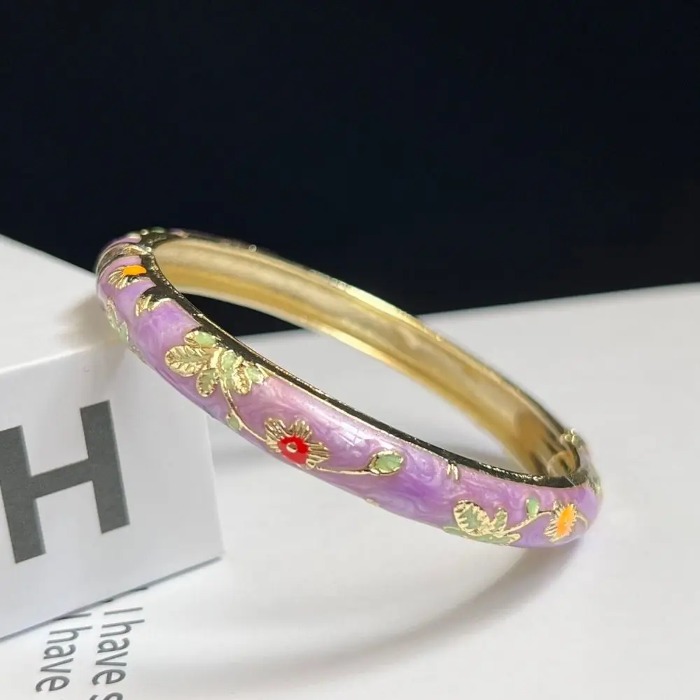 Vintage Cloisonné Enamel Peony Filigree Double Bangle Bracelet