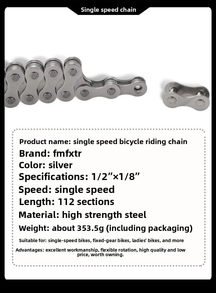 Fahrradketten aus hochfestem Stahl, 1/2*1/8 Ketten, 114 l, 102 l, 98 l, geeignet für Single-Speed-Fahrräder und stationäre Fahrräder – Detail 1