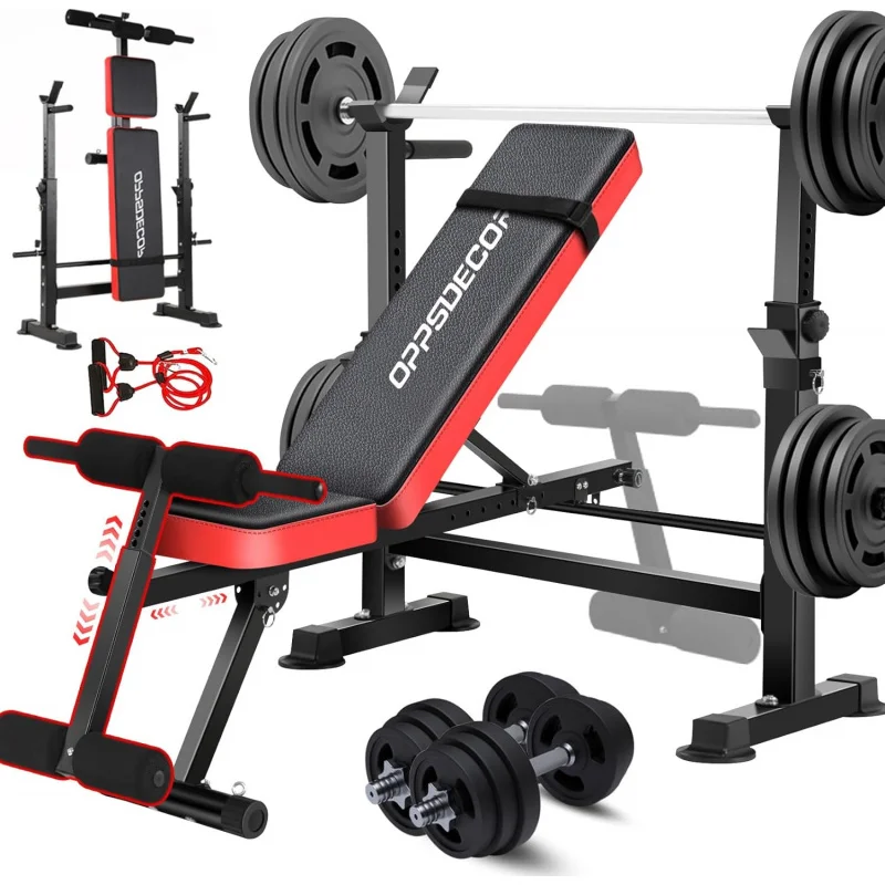 AQOPPSDECOR 6 in 1 Weight Squat Rack Adjustable Bench Press Set with Removable Foot Catch Foldable Stren