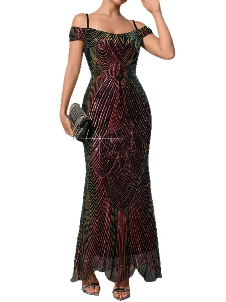 Wmstar Dress Women Wholesale The New 2025 One Shoulder Off The Shoulder Sexy Sequined with Halter Straps Long Fishtail Skirt