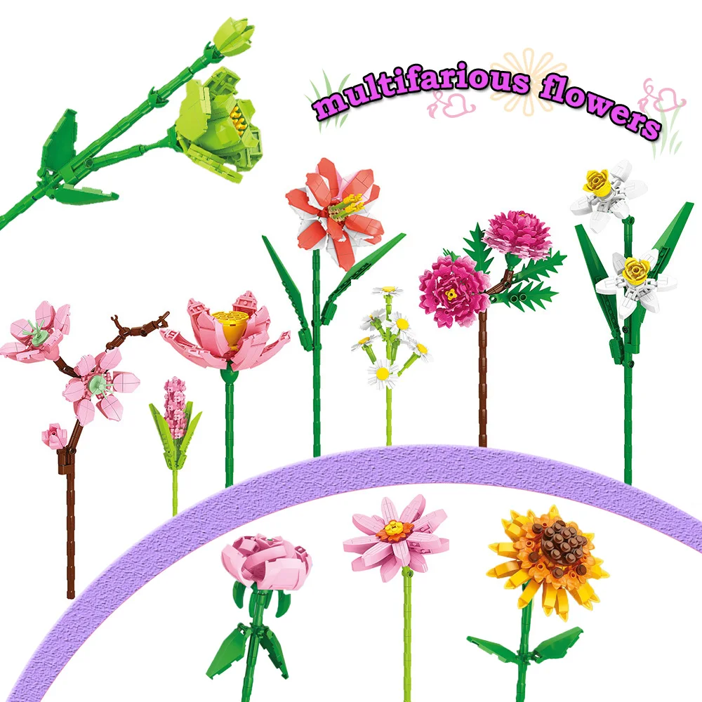 Flower Tulips/Rose/Sunflower/Daisy Decoration Mini Building Blocks Ornaments Potted Plants Puzzle Model Bricks Toys Girls Gift