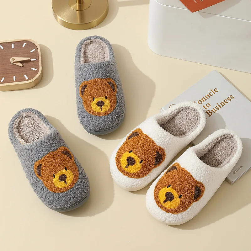 

Cute Bear Home Slipper Winter Warm Flat Indoor House Shoes for Women Men Soft Plush Cartoon Cotton Shoes for Couples Gifts