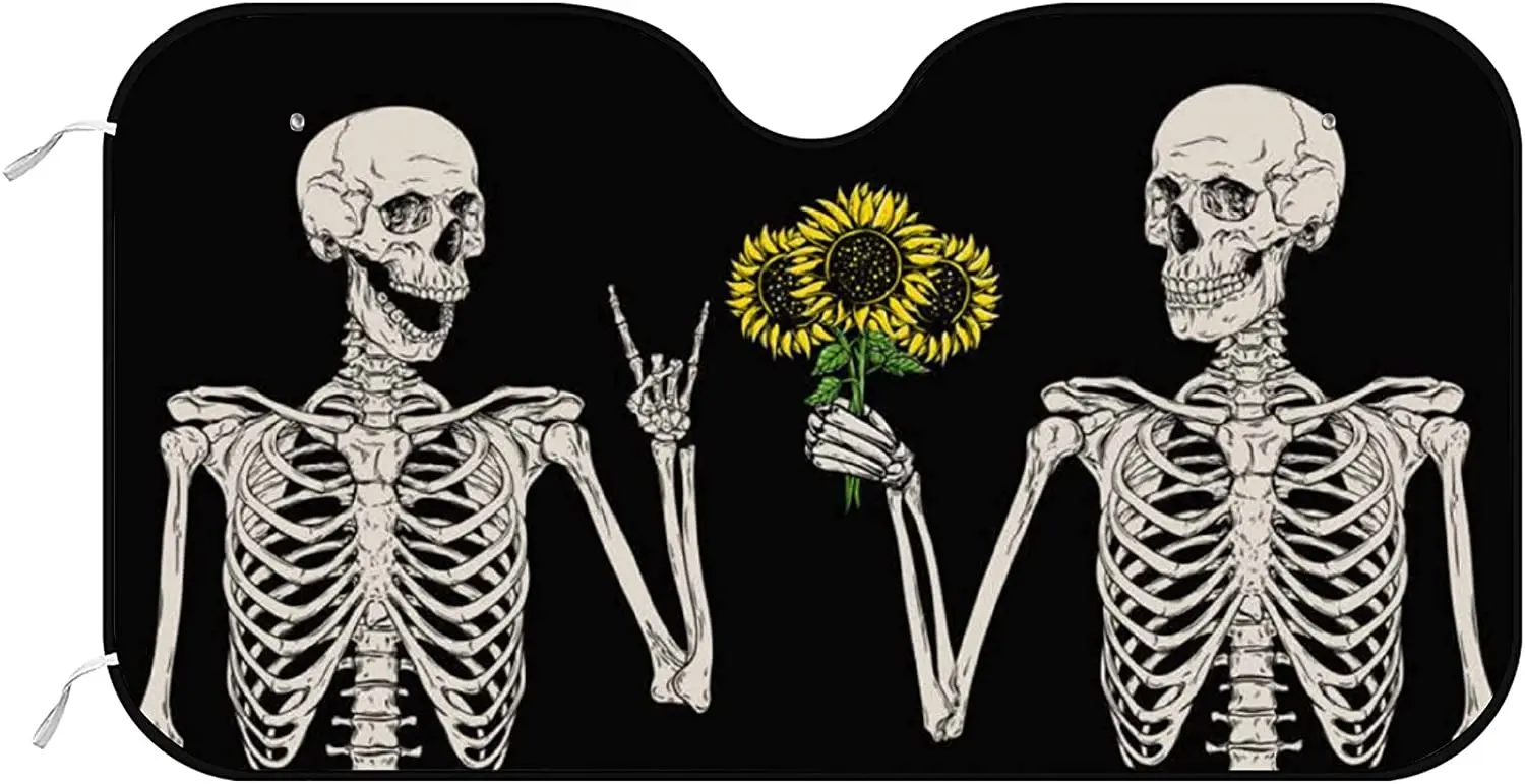 

Vantaso Funny Skull Car Windshield Sunshade Hippie Skeleton with Sunflowers Cool Black, Car Front Window Umbrella Foldable Sun S