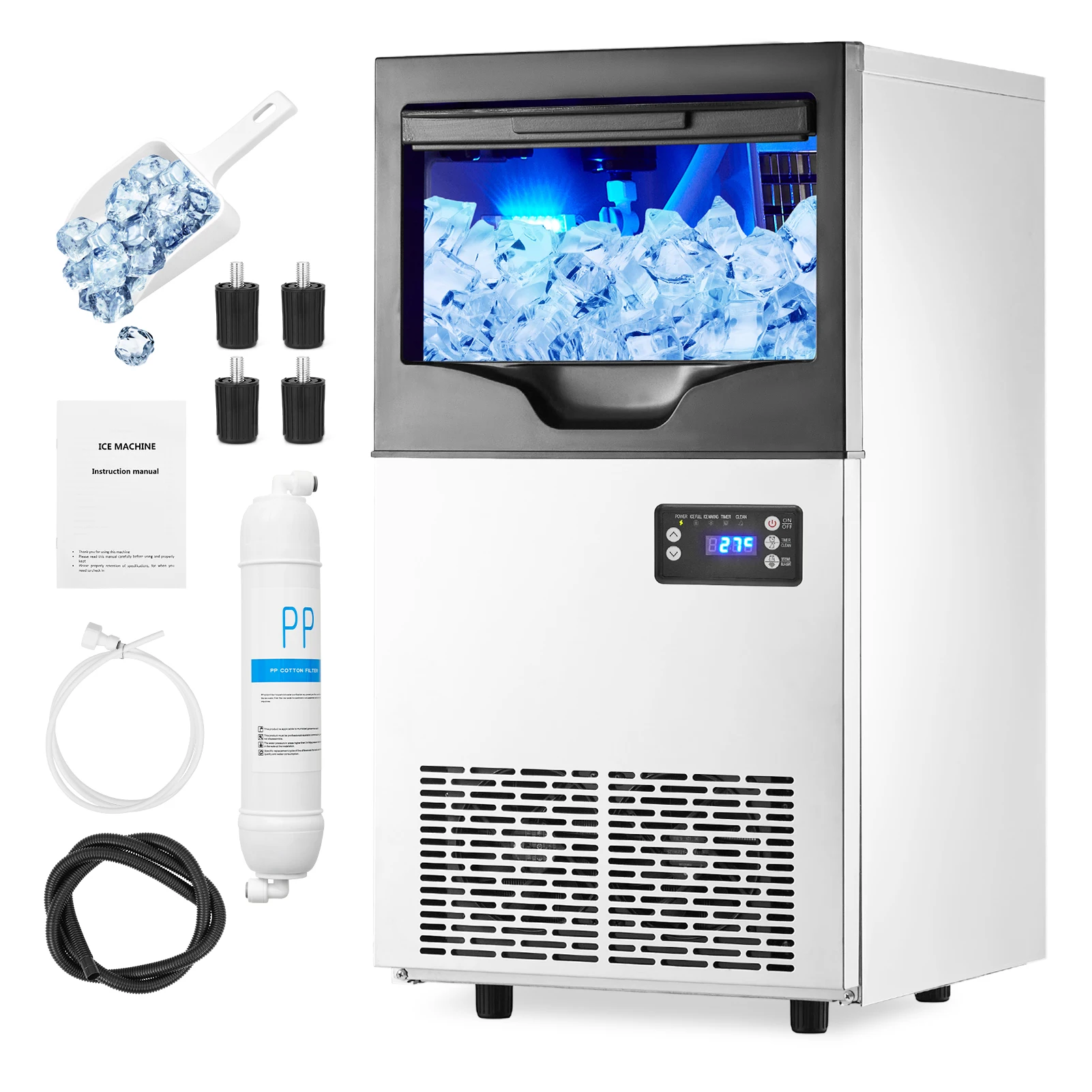 Commercial Ice Maker Machine,Freestanding/Under Counter Stainless Steel Ice Machine,90Lbs/24 Hour with 30Lbs Storage Capacit