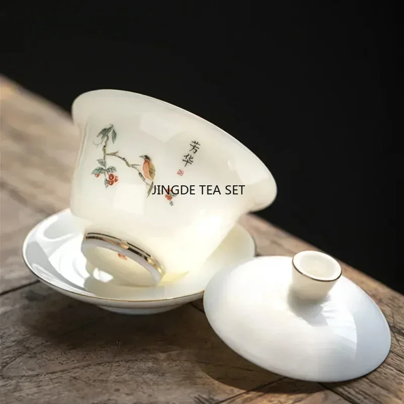130ml Chinese ceramic tea set hand-painted flower and bird tea bowl handmade kung fu tea set