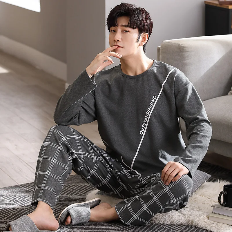 Plaid Pant Mens Korean Fashion Nightwear Spring Long Sleeves Pajamas Set Cotton Male Young Boy Pijamas Plus Size 4XL Pjs Homme mens plus size m 4xl lounge wear fashion cotton pajamas summer short pjs set homewear man nightwear home clothes drop ship