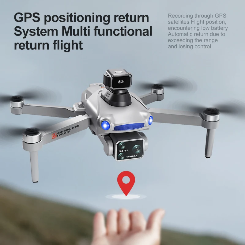 Vue de dessus du drone avec flux optique, ses hélices dépliées et son boîtier noir élégant, prêt à décoller.