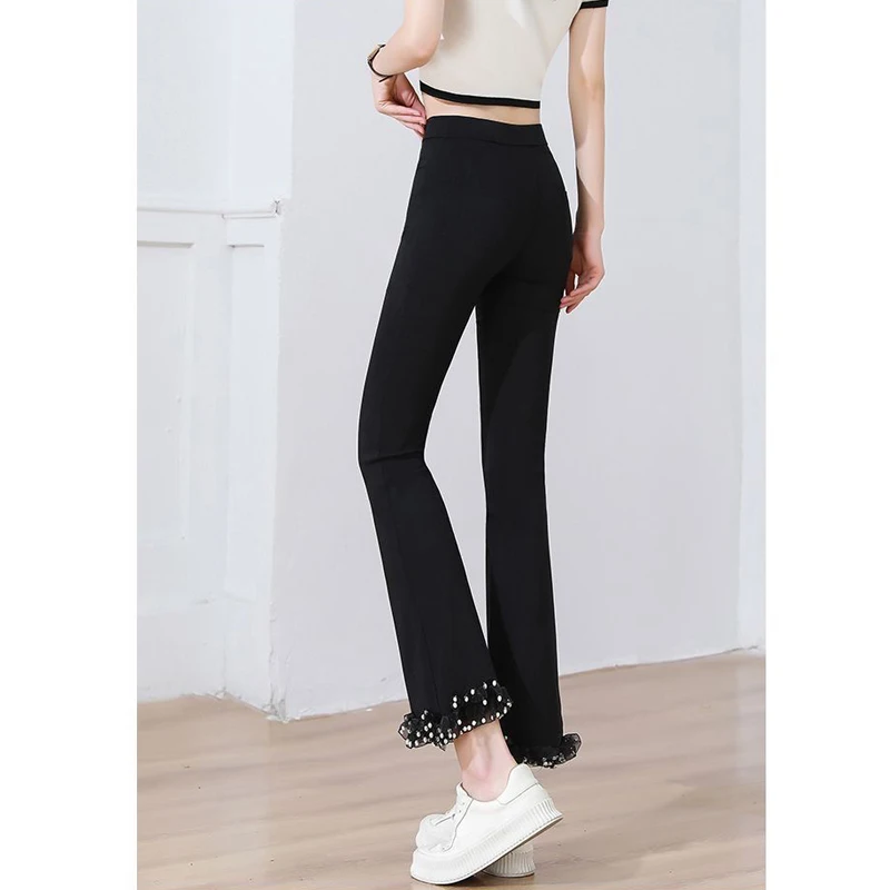 Women Clothes Korean Fashion Ruffled Mesh Patchwork Elegant Chic Flared Pants Summer Casual High Waist Trousers Slim Pantalones