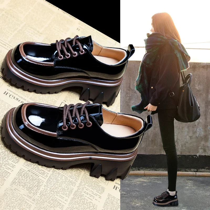 Autumn Leather Shoes for Women Spring Fashion Heel Thick Sole Height Increasing Shoes Loafers for Women zapatos mujer tacones 2