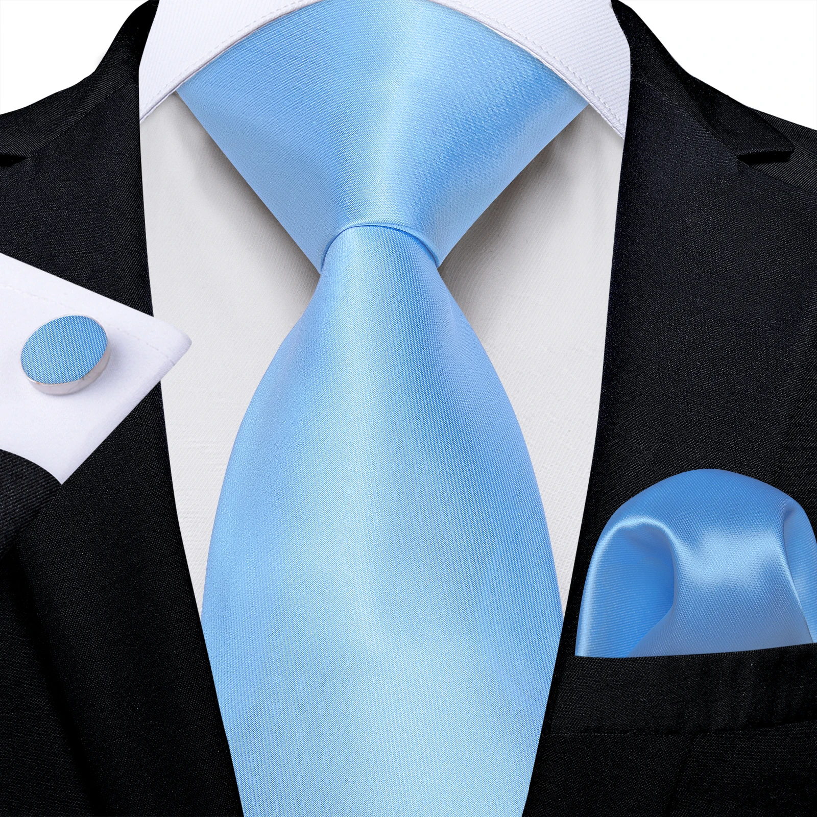 Light Blue Men's Paisley Floral Tie Set with Handkerchief and Cufflinks - Formal Wedding Party Accessories Gift