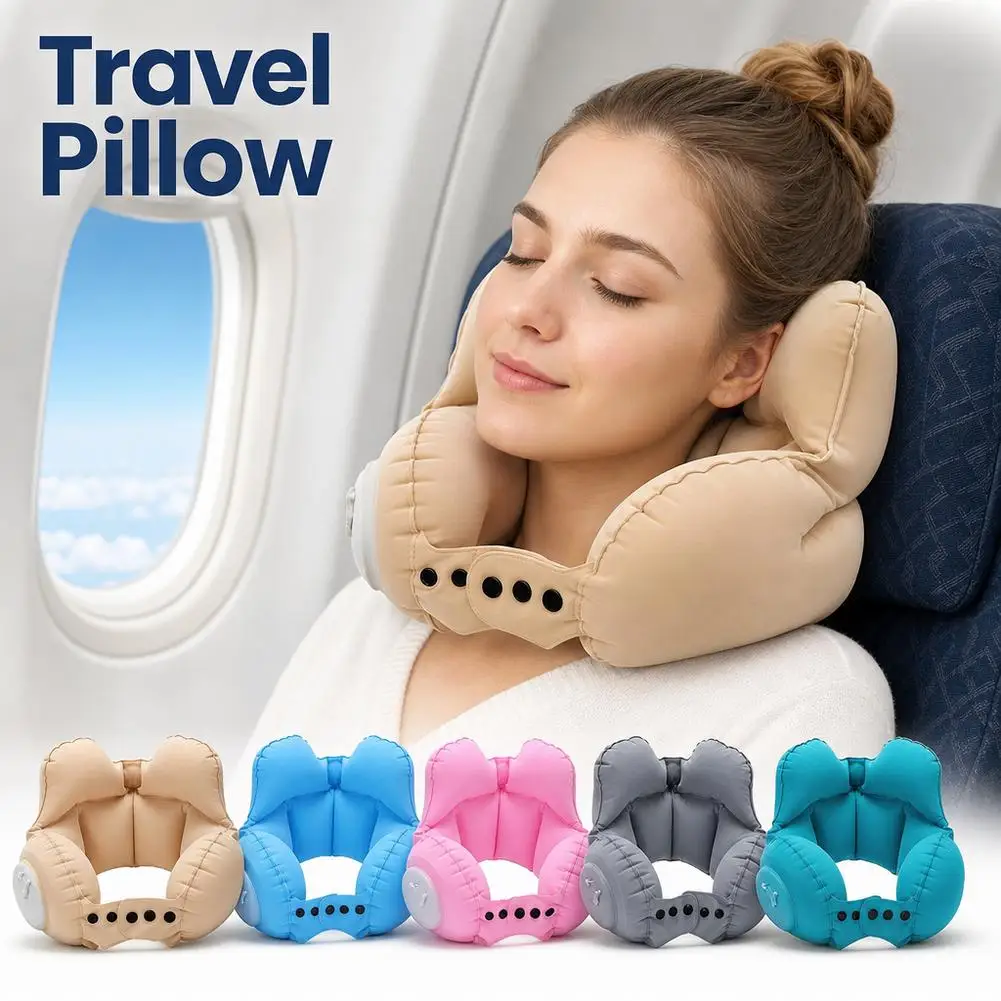 Compact Inflatable U-Shaped Travel Neck Pillow for Comfortable, Tilt-Free Rest