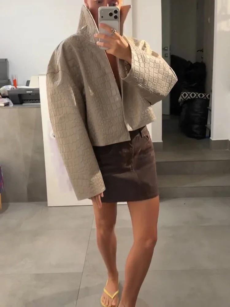 Veste décontractée en cuir PU pour femme, chic, unie, à manches longues, col montant, vêtement d'extérieur pour femme, automne-hiver 2026, vestes courtes pour femme.