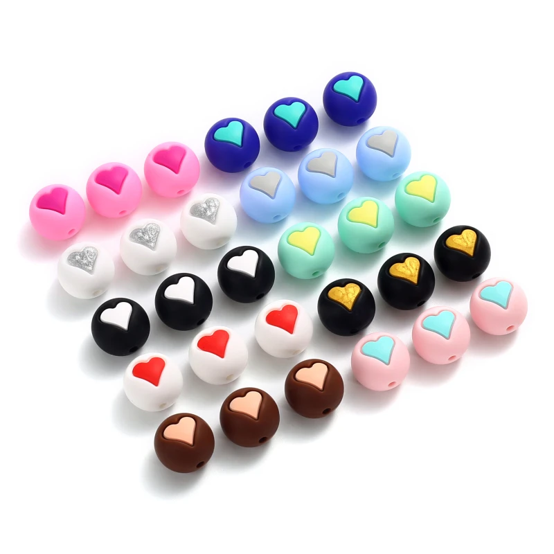 Colorful Silicone Chewing Beads 15mm Round Heart Teether Beads For Jewelry Making Accessory DIY Bracelet Pacifier Chain 10Pcs teething toys silicone teething toys baby teething toys silicone beads silicone teething beads
