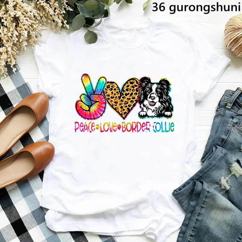 Frieden Liebe Border Collie/Cockerspaniel/Shih Tzu/Bernese/Pyrenäen Druck T-shirt Frauen Lustige Regenbogen Leopard T shirt Mädchen T-Shirt – Detail 27