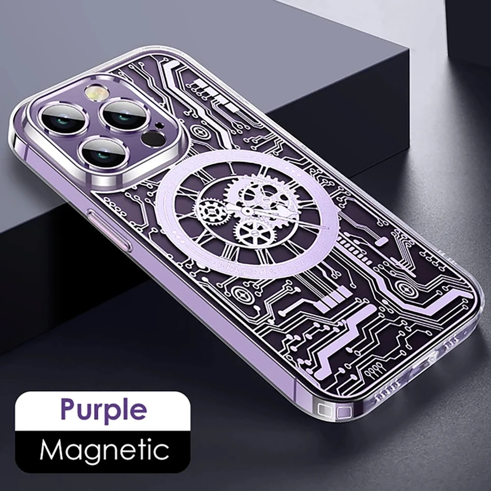 

For Magsafe Magnetic Mechanical Texture TPU Phone Case For iPhone 12 13 14 15 Pro Max 15 Plus Transparent Shockproof Cover Funda