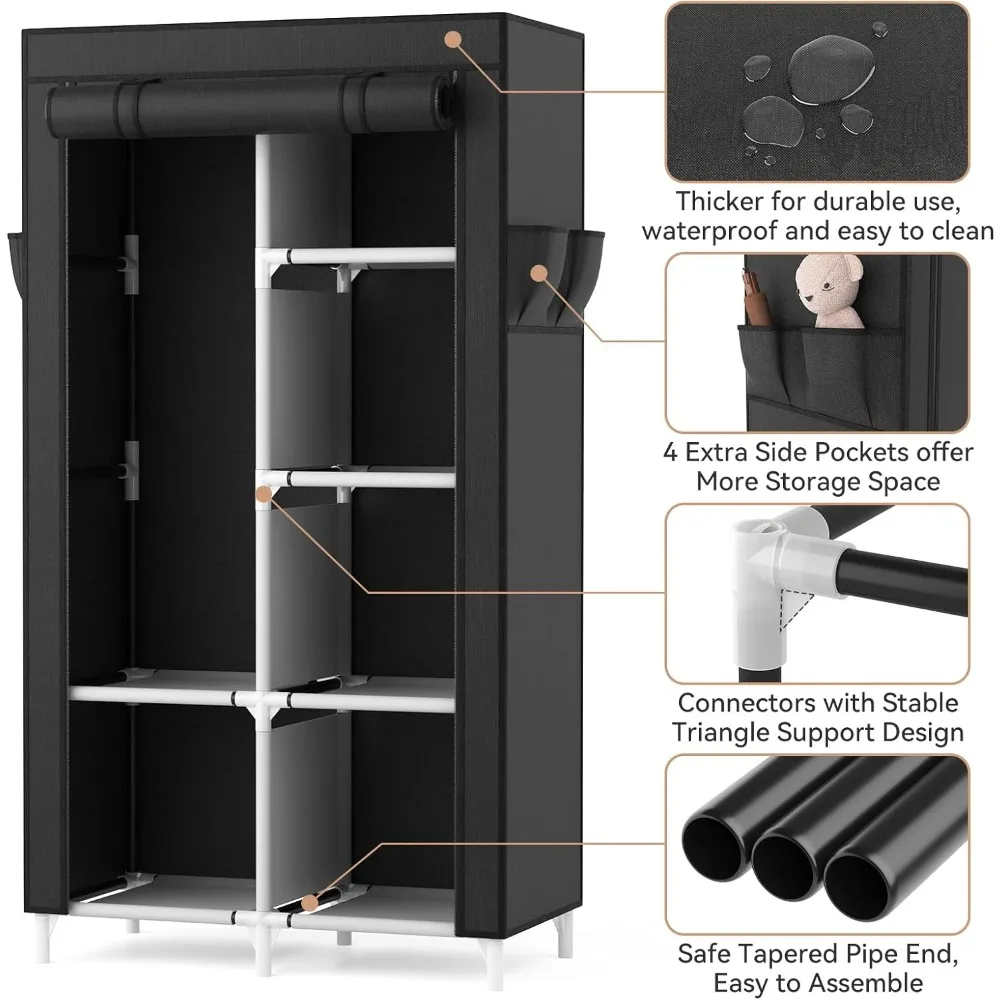 Portable Closet Wardrobe Closet for Hanging Clothes with 6 Storage Shelves, 1 Hanging Rod and 4 Pockets, Free Standing Closet C 5