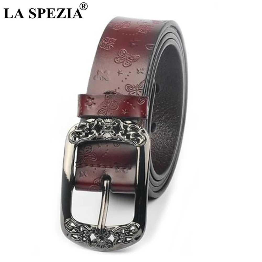 LA SPEZIA Coffee Belt for Women Real Leather Pin Buckle Vintage Belts Female Genuine Cowskin Embossed Ladies Waist Belt 110cm la spezia pin buckle belt for women coffee real leather belt female vintage ethnic genuine leather cowhide ladies jeans belts