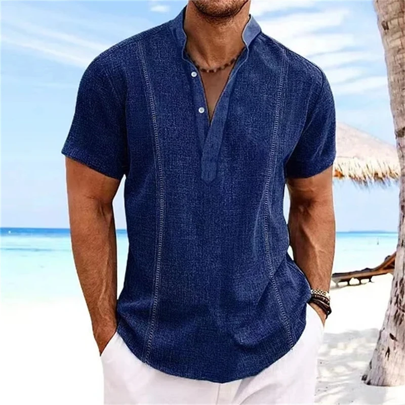 Men's Summer Striped 3D Printed Henley Shirts Fashion Oversized Button Stand Collar Short Sleeve T Shirt Tees Tops