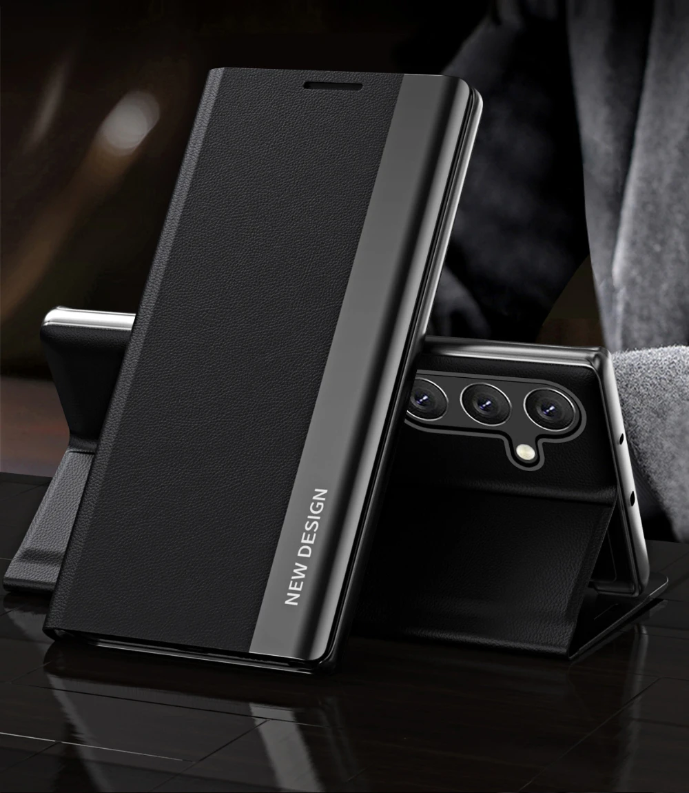 Leather Flip Phone Case with Shockproof Stand and Durable Hard PC Cover