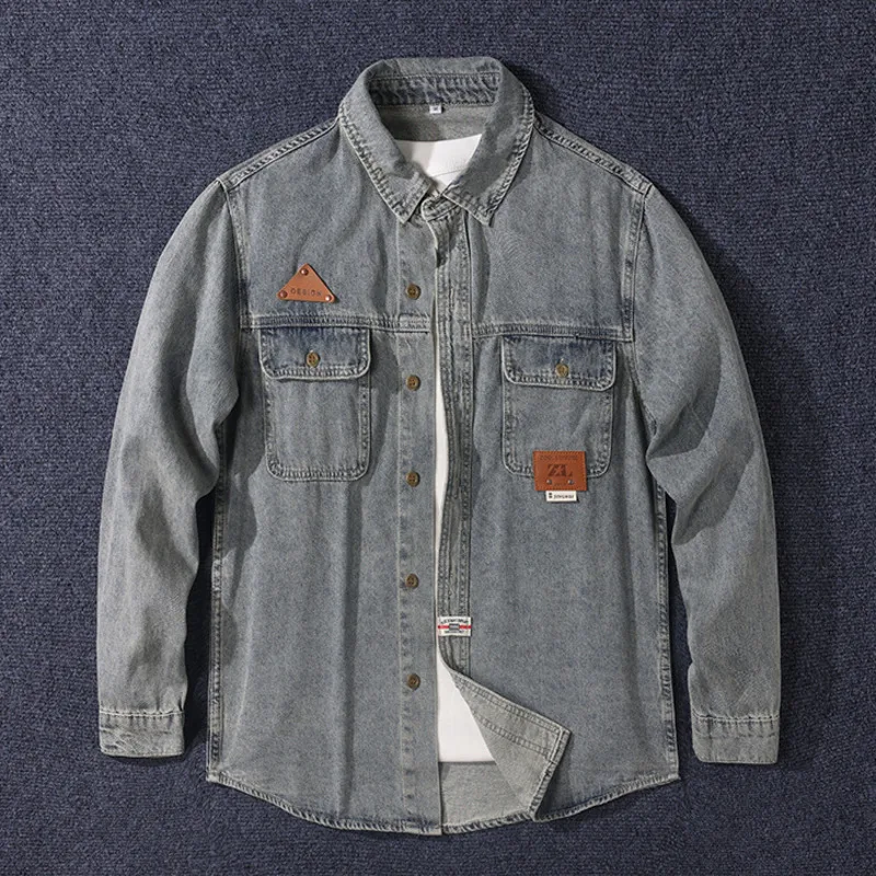 Heavy Industry Wash Workwear Denim Shirt Jacket Men High Street Handsome Chest Pocket Versatile Cargo Jacker Man Autumn Clothes